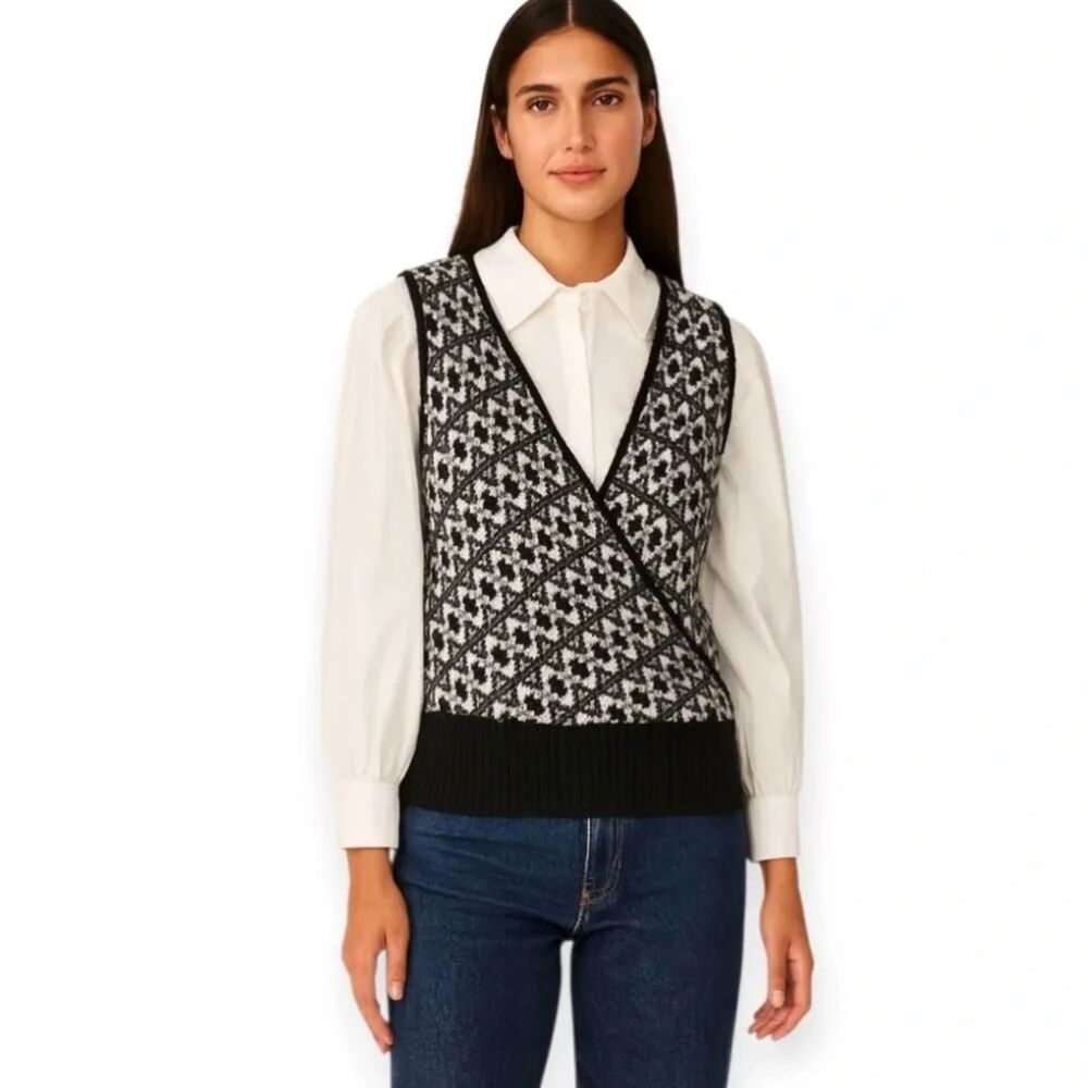 Anthropologie Maeve Black White Floral Jacquard Sweater Vest Wrap Women's Large
